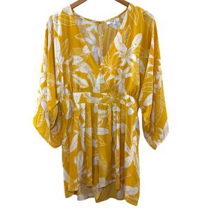 Sweewë Tropical Floral V-Neck Romper Yellow White Size Large